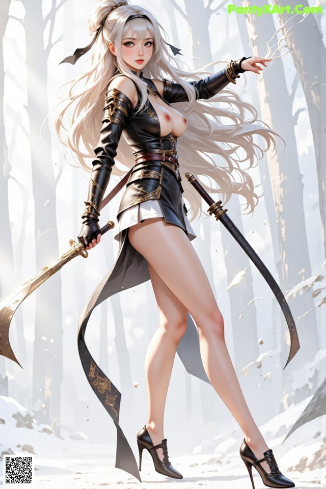 A woman in a leather outfit wields a sword in a snowy forest setting.