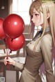 A girl holding a bunch of red balloons.