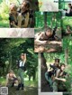 A collage of photos of a woman with a gun in the woods.