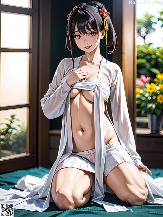 A woman in a white kimono sitting on a bed.