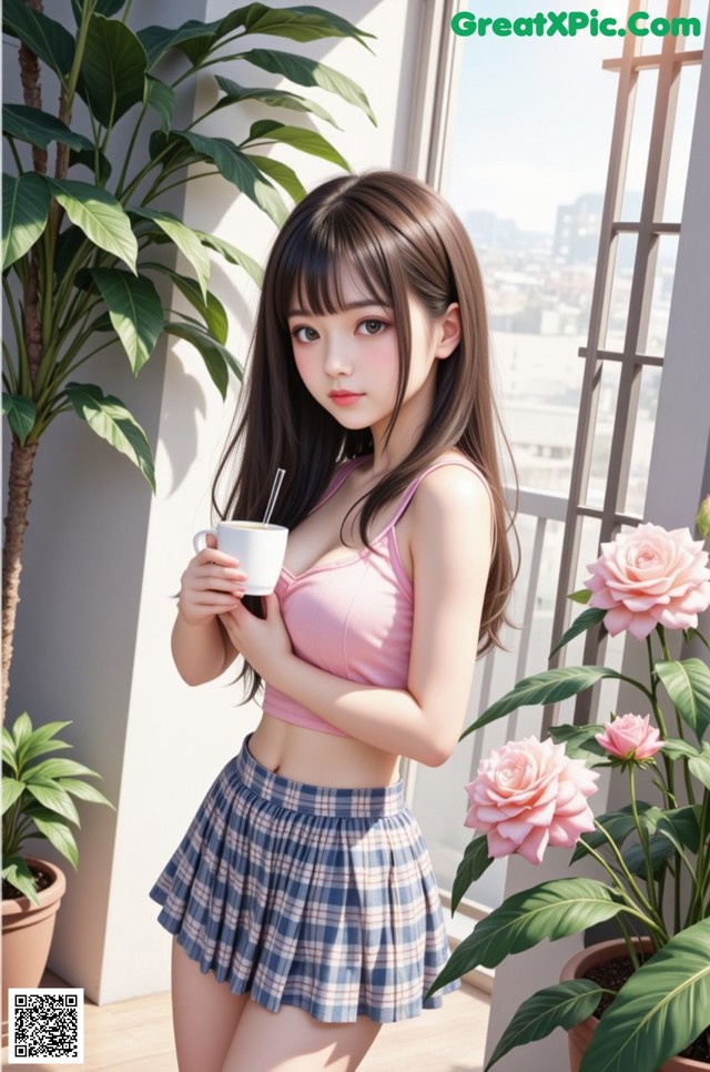 A woman in a pink top and plaid skirt holding a cup of coffee.